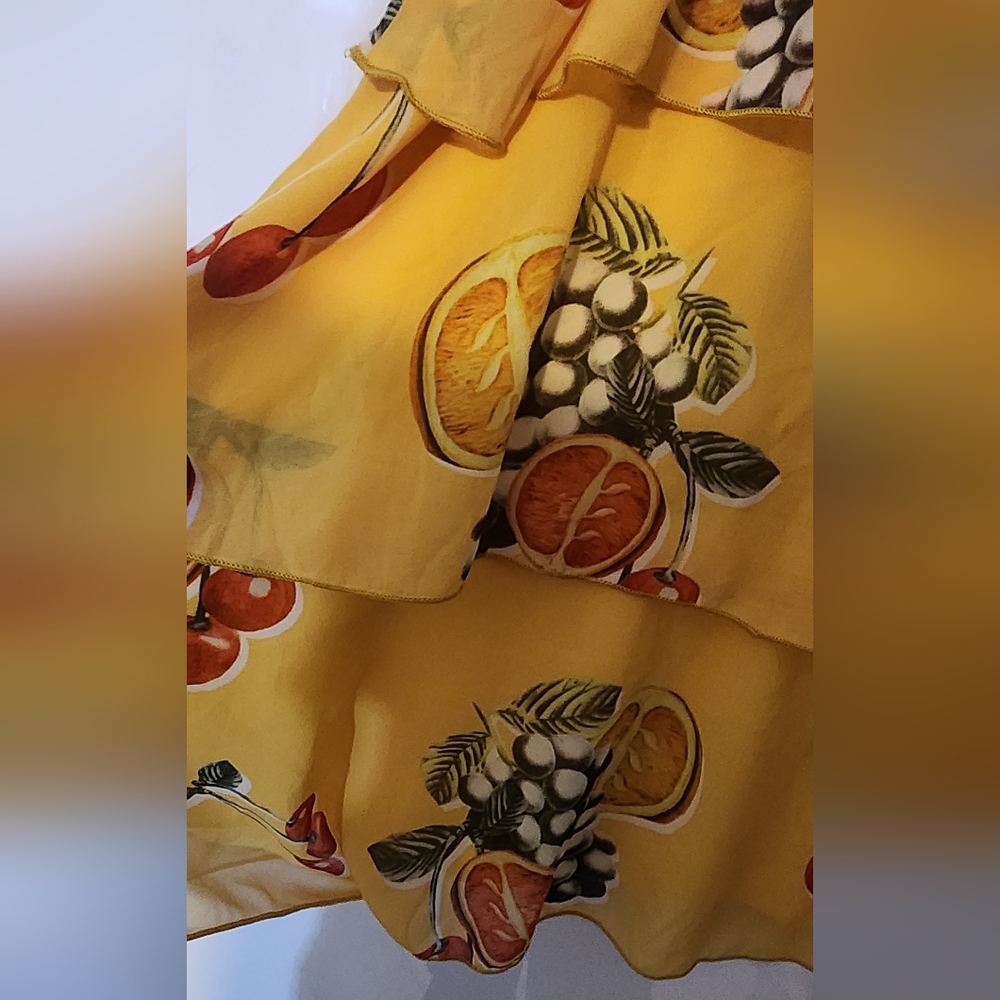 016 SHOW ME YOUR MUMU SUAREZ RUFFLE DRESS Yellow Fruit Print Layered Dress - Picture 7 of 12